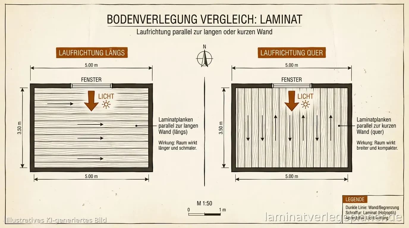 Schema Laminat-Verlegerichtung längs versus quer mit Lichtachse und Reststreifen