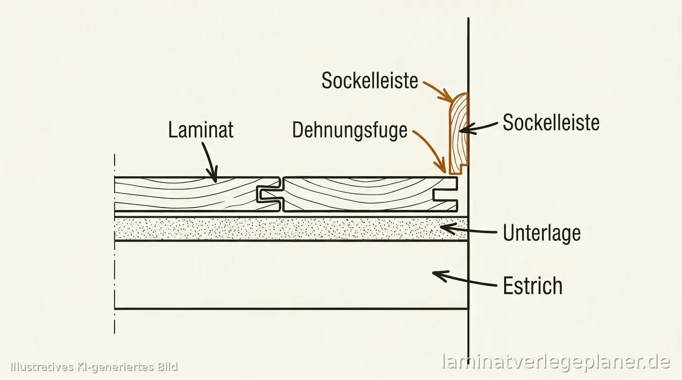 Schema Aufbau Estrich, Unterlage, Laminat, Dehnungsfuge und Sockelleiste im Schnitt