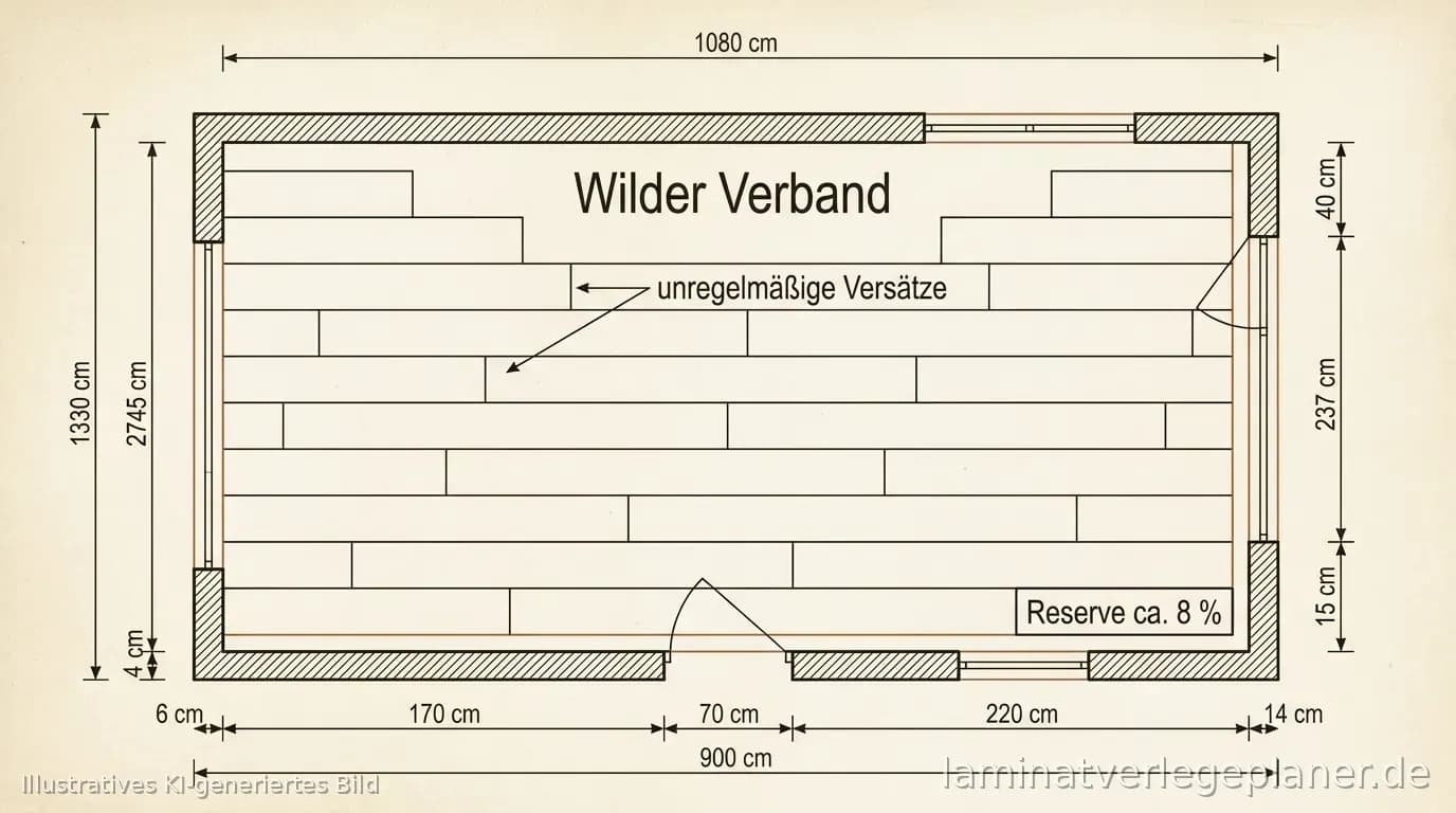 Schema wilder Verband Laminat (Schiffsboden): unregelmäßige Versätze und Reserve ca. 8 %