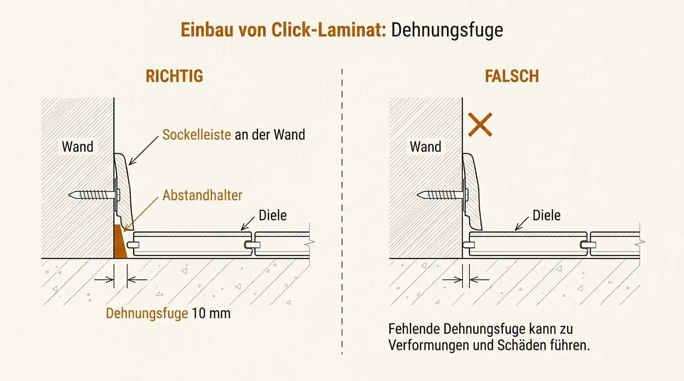 Schema Dehnungsfuge bei Laminat im Wohnzimmer: Abstand zur Wand und Sockelleiste