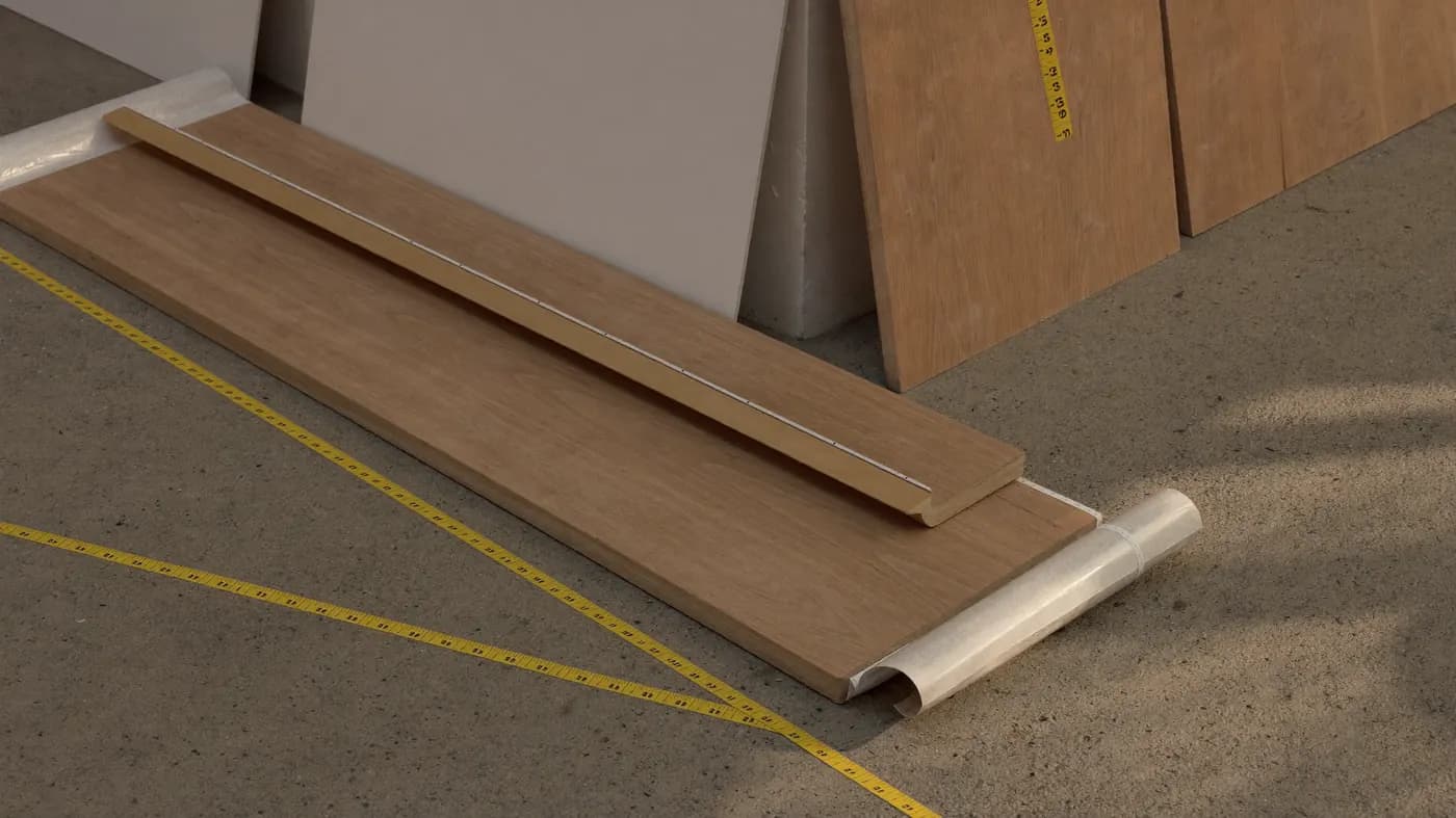 Laminatdielen und Zuschnitte auf dem Boden – Motiv zu Verschnitt und Reserve