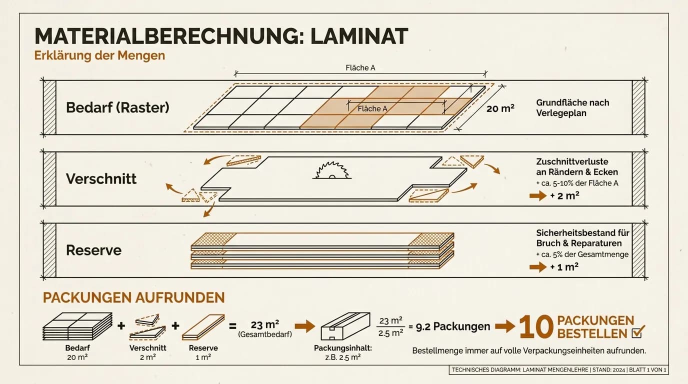 Schema Materialberechnung Laminat: Bedarf, Verschnitt, Reserve und Packungen aufrunden