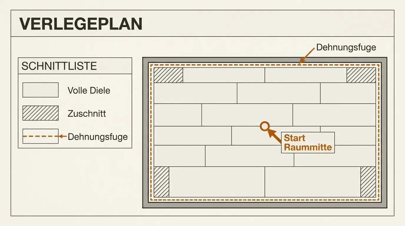 Schema Verlegeplan für den Flur: volle Dielen, Zuschnitte und Dehnungsfuge